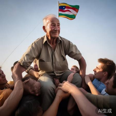 老人被晚辈抬升国旗